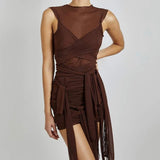 Robe de soirée moulante transparente en maille avec rubans pour femme, mini robe sexy sans manches, couleur unie, tenue basique