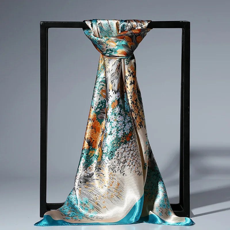 Foulard en satin de soie tendance pour femme, 90 cm, imprimé floral, hijab, châle carré