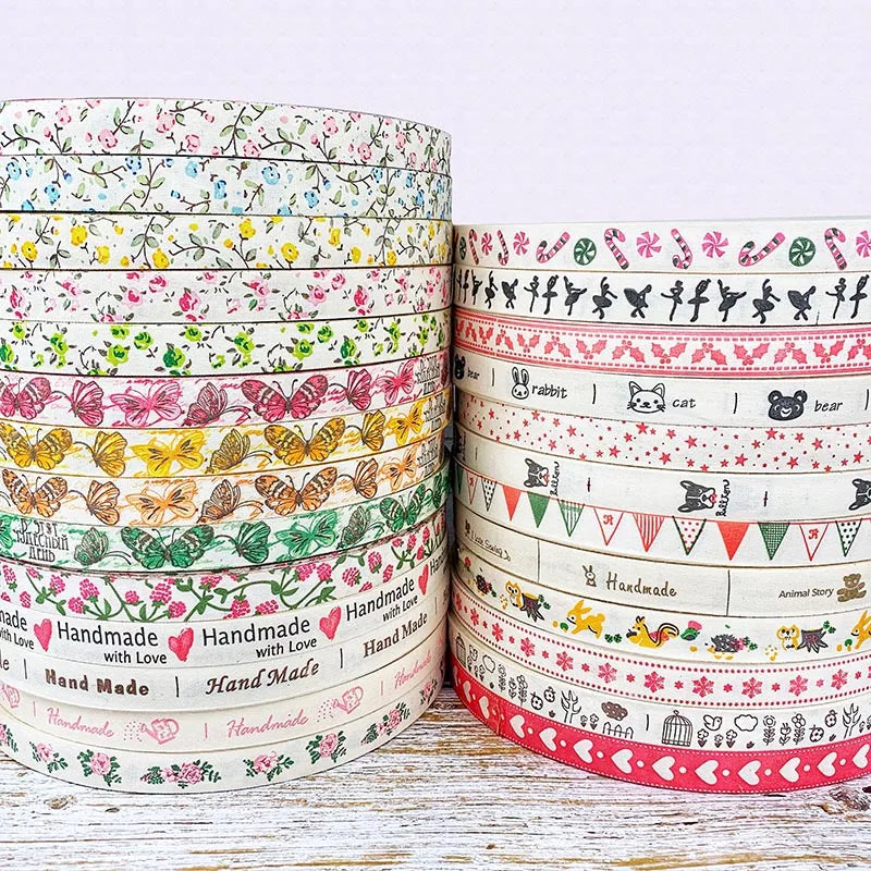 Ruban de coton imprimé floral fait main, 5 mètres, 15 mm, pour décoration de mariage, Noël, bricolage, couture