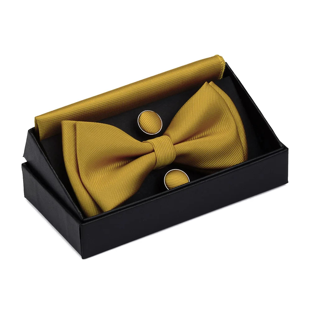 Ensemble de nœuds papillon solides de différentes tailles, haut et bas, nœud papillon uni pour homme, mouchoir, boutons de manchette, coffret cadeau pour hommes, cravates de mode de mariage