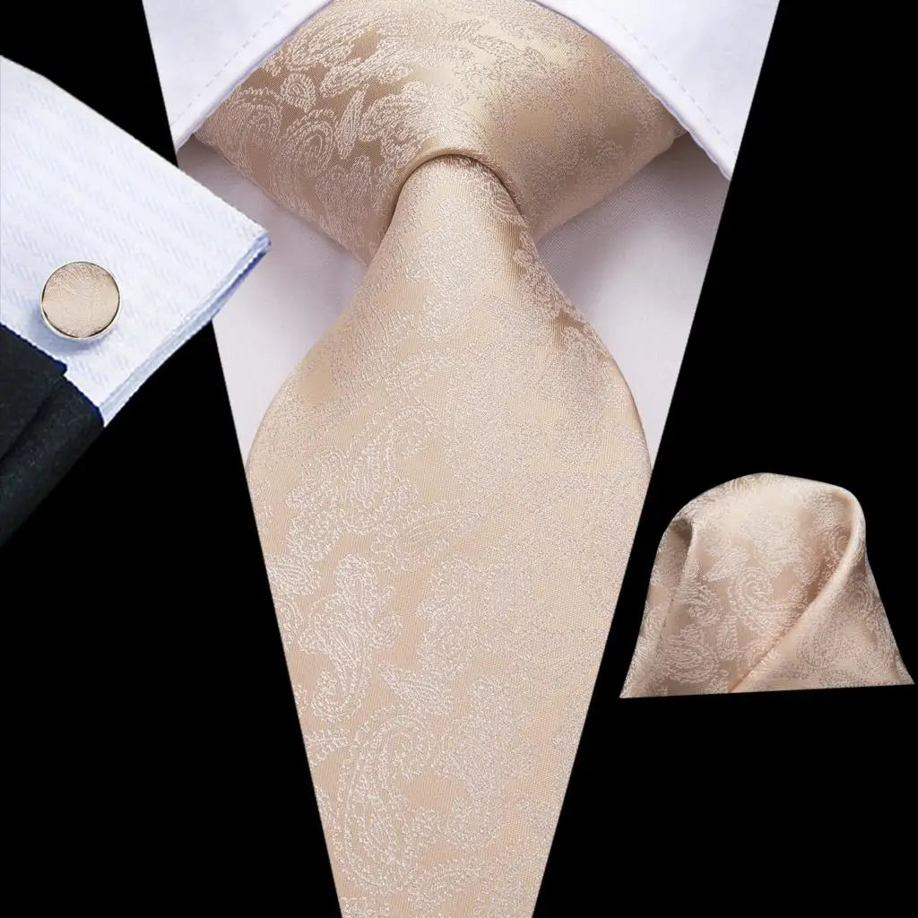 Hi-Tie Cravate de mariage en soie à motif floral, couleur champagne ivoire massif, pour homme, de qualité, avec boutons de manchette, tendance, pour entreprise, livraison directe