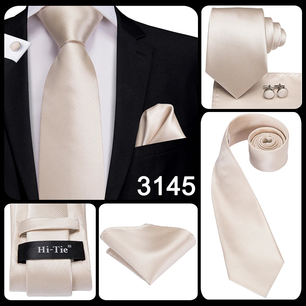 Hi-Tie Cravate de mariage en soie à motif floral, couleur champagne ivoire massif, pour homme, de qualité, avec boutons de manchette, tendance, pour entreprise, livraison directe