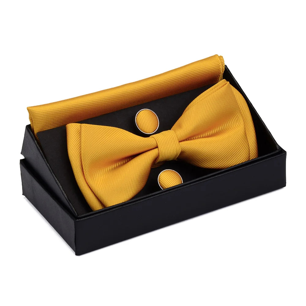 Ensemble de nœuds papillon solides de différentes tailles, haut et bas, nœud papillon uni pour homme, mouchoir, boutons de manchette, coffret cadeau pour hommes, cravates de mode de mariage