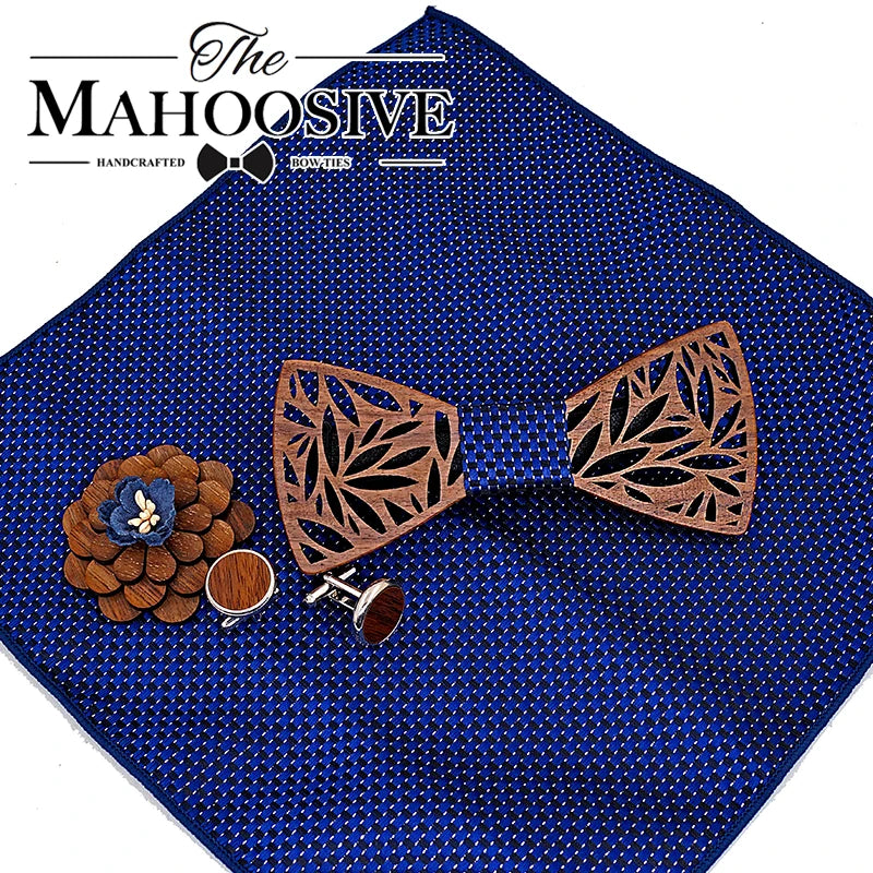Ensemble de nœud papillon en bois et mouchoir pour homme, nœud papillon à carreaux, en bois creux sculpté, motif floral découpé et boîte, nouveauté tendance pour hommes