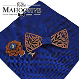 Ensemble de nœud papillon en bois et mouchoir pour homme, nœud papillon à carreaux, en bois creux sculpté, motif floral découpé et boîte, nouveauté tendance pour hommes