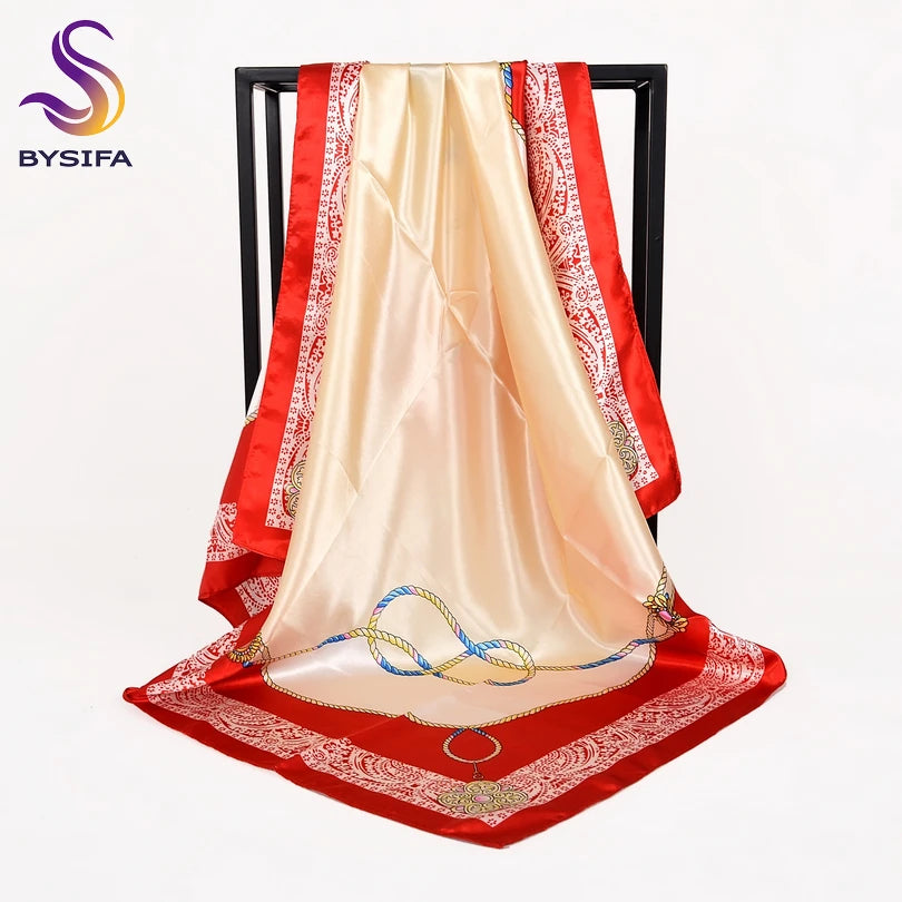 [BYSIFA] Automne Hiver Dames Foulards Nouveaux Accessoires Femmes Grands Foulards Carrés En Soie Nouveau Vin Rouge Paisley Musulman Islamique Écharpe
