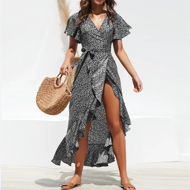 Robe longue d'été pour femme, imprimé floral, style bohème, en mousseline de soie, à volants, décontractée, col en V, fendue, sexy, tenue de soirée