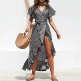Robe longue d'été pour femme, imprimé floral, style bohème, en mousseline de soie, à volants, décontractée, col en V, fendue, sexy, tenue de soirée