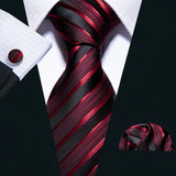 Cravate de luxe pour homme, ensemble de boutons de manchette et mouchoir en soie à rayures rouges, style business, Barry.Wang, accessoire tendance pour mariage, fête, décontracté