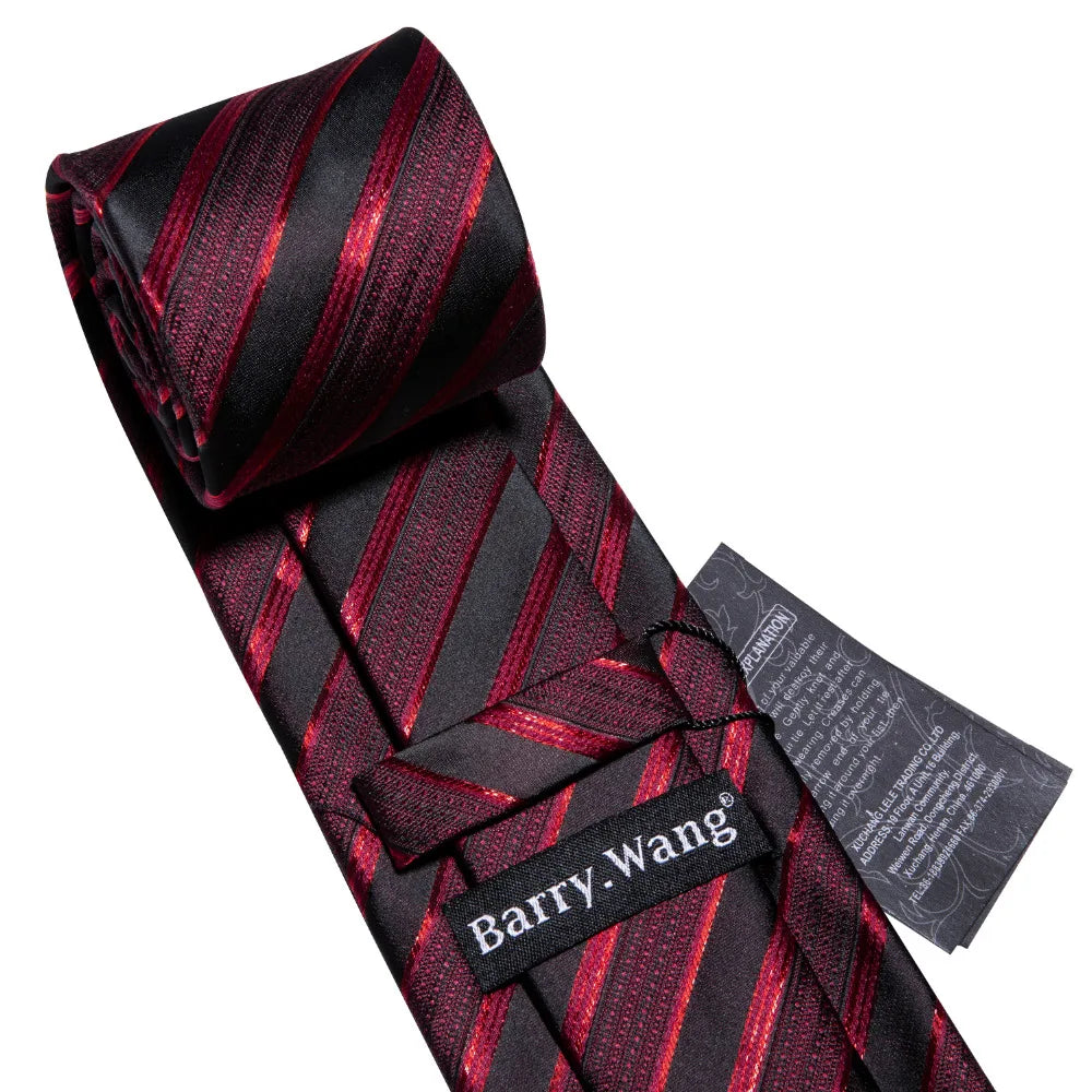 Cravate de luxe pour homme, ensemble de boutons de manchette et mouchoir en soie à rayures rouges, style business, Barry.Wang, accessoire tendance pour mariage, fête, décontracté