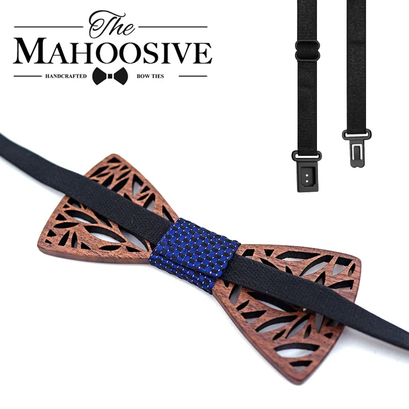 Ensemble de nœud papillon en bois et mouchoir pour homme, nœud papillon à carreaux, en bois creux sculpté, motif floral découpé et boîte, nouveauté tendance pour hommes