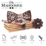 Ensemble de nœud papillon en bois et mouchoir pour homme, nœud papillon à carreaux, en bois creux sculpté, motif floral découpé et boîte, nouveauté tendance pour hommes