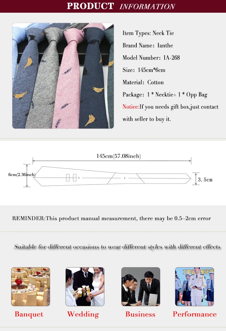 Cravate décontractée en coton pour homme, 6 cm, motif feuilles, imprimé oiseaux, style classique, idéal pour un mariage ou une soirée