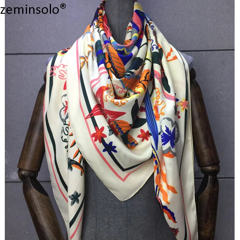 Foulard 100 % sergé de soie pour femme, châle imprimé, carré, hijab, bandana, 130 x 130 cm
