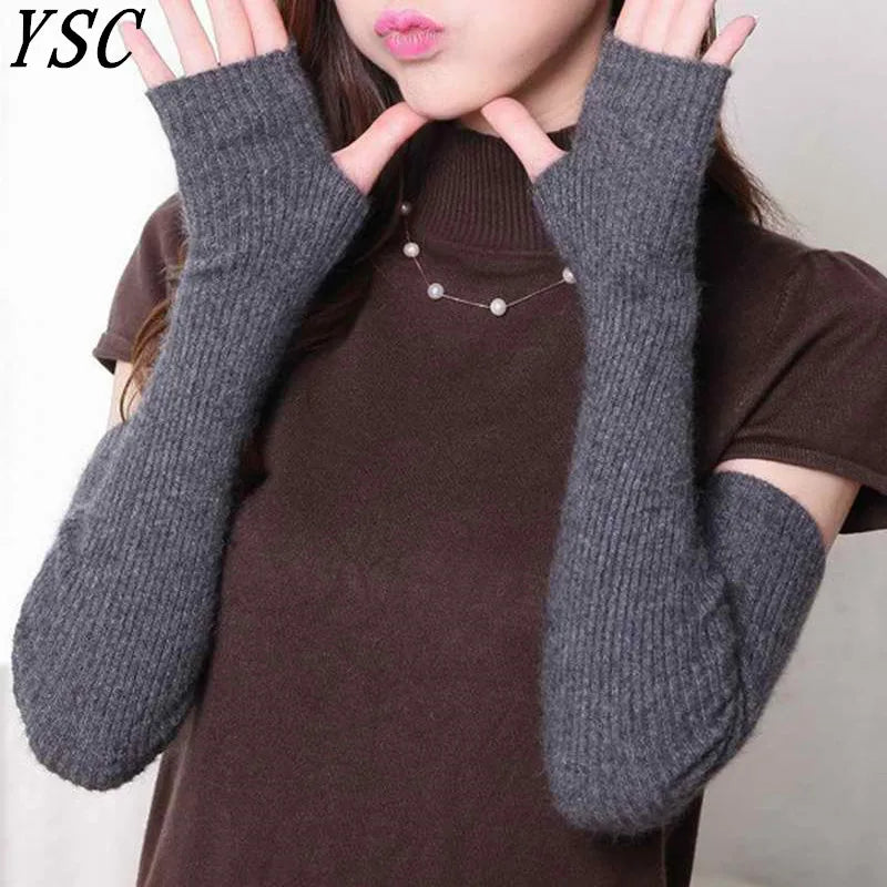 Gants tricotés en cachemire pour femmes YSC Hot Sales 40 cm 50 cm 60 cm de long bras style trou pour les doigts Protection chaude des bras de haute qualité