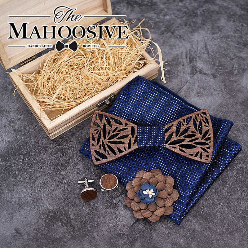 Ensemble de nœud papillon en bois et mouchoir pour homme, nœud papillon à carreaux, en bois creux sculpté, motif floral découpé et boîte, nouveauté tendance pour hommes
