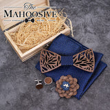 Ensemble de nœud papillon en bois et mouchoir pour homme, nœud papillon à carreaux, en bois creux sculpté, motif floral découpé et boîte, nouveauté tendance pour hommes