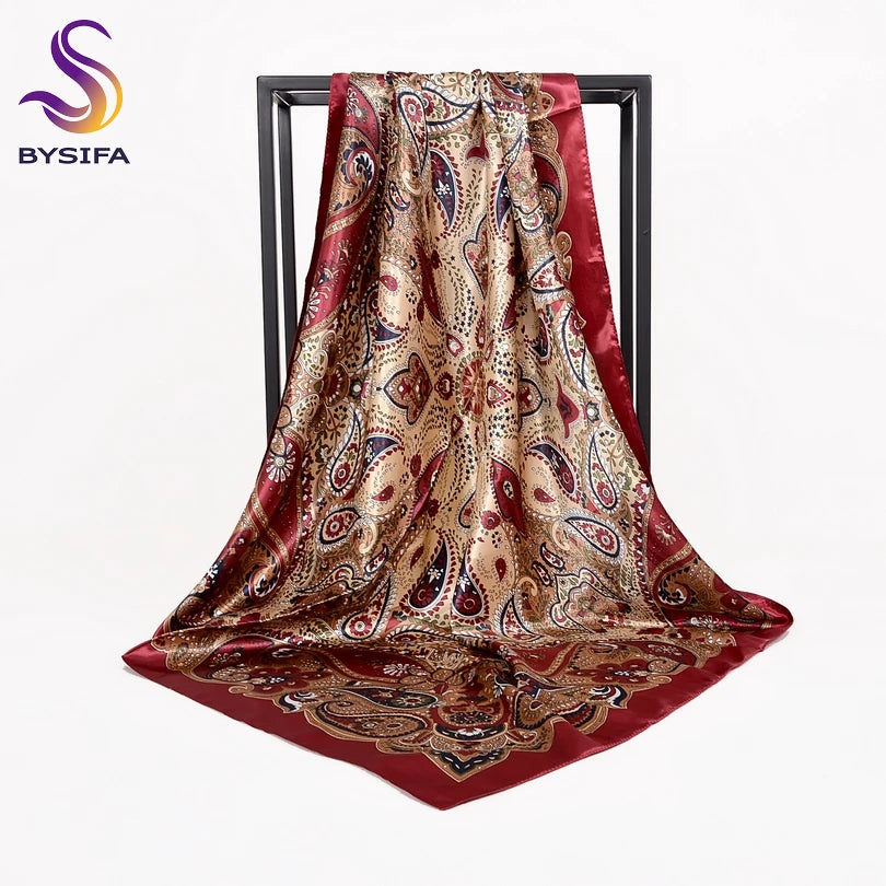 [BYSIFA] Automne Hiver Dames Foulards Nouveaux Accessoires Femmes Grands Foulards Carrés En Soie Nouveau Vin Rouge Paisley Musulman Islamique Écharpe