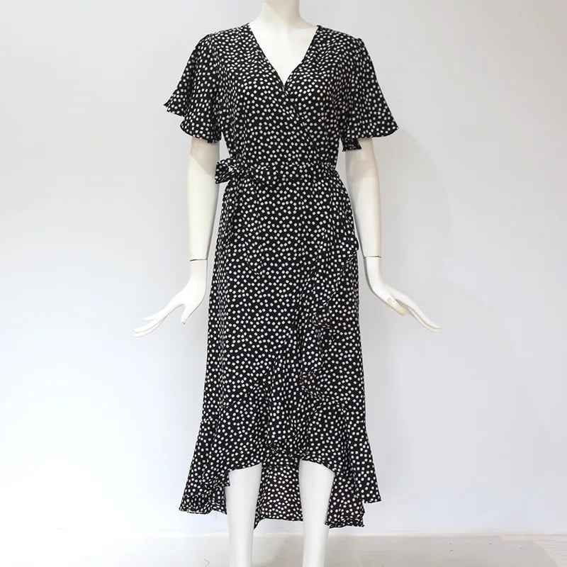 Robe longue d'été pour femme, imprimé floral, style bohème, en mousseline de soie, à volants, décontractée, col en V, fendue, sexy, tenue de soirée