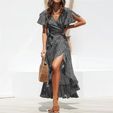 Robe longue d'été pour femme, imprimé floral, style bohème, en mousseline de soie, à volants, décontractée, col en V, fendue, sexy, tenue de soirée