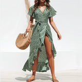 Robe longue d'été pour femme, imprimé floral, style bohème, en mousseline de soie, à volants, décontractée, col en V, fendue, sexy, tenue de soirée
