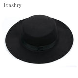 New Classic Solid Color Felt Fedoras Hat Belt for Men Women Blend Jazz Cap Wide Brim Simple Church Derby Flat Top Hat Mujer