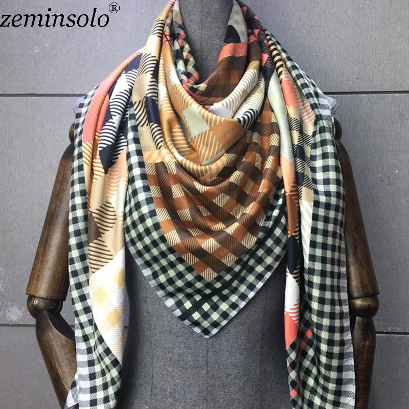 Foulard 100 % sergé de soie pour femme, châle imprimé, carré, hijab, bandana, 130 x 130 cm