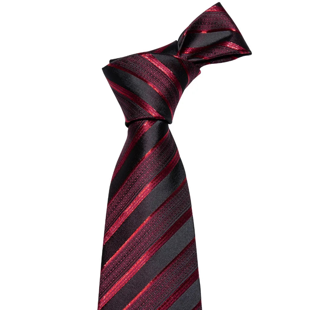 Cravate de luxe pour homme, ensemble de boutons de manchette et mouchoir en soie à rayures rouges, style business, Barry.Wang, accessoire tendance pour mariage, fête, décontracté
