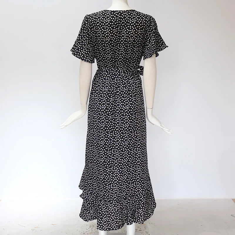 Robe longue d'été pour femme, imprimé floral, style bohème, en mousseline de soie, à volants, décontractée, col en V, fendue, sexy, tenue de soirée