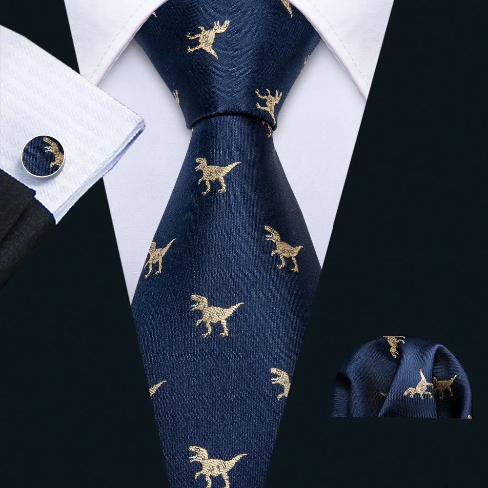 Ensemble de cravates pour homme, motif dinosaure, bleu marine et doré, 8,5 cm, en soie, idéal pour un mariage, FA-5191