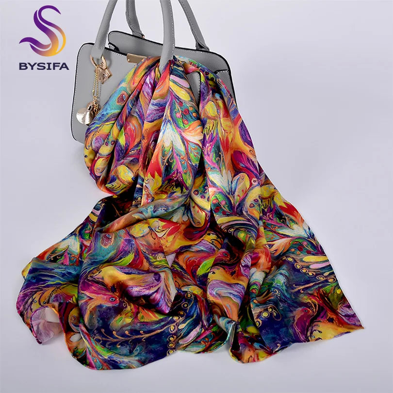 [BYSIFA] Neu Luxus Reine Seide Schal Schal Frauen Frühling Herbst Lange Schals Damen Marke 100% Seide Hals Schal Foulard 175*52cm