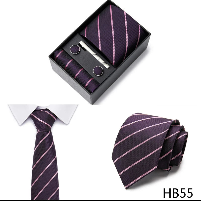 2023 New Style Wedding Gift Tie Pocket Squares Set Necktie Box Men Solid Black Suit Accessories Fit Wedding