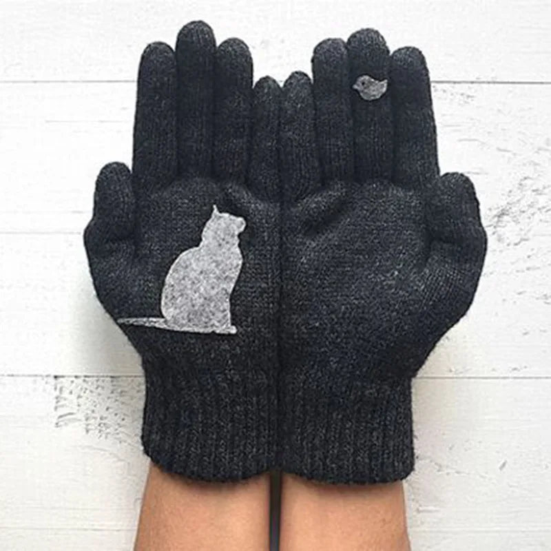 Gants d'hiver pour hommes, femmes et adolescents, mignons, imprimés de chats et d'oiseaux, gants thermiques tricotés, mitaines chaudes et coupe-vent, gants doux