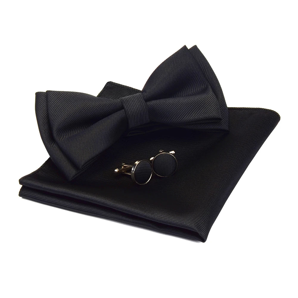 Ensemble de nœuds papillon solides de différentes tailles, haut et bas, nœud papillon uni pour homme, mouchoir, boutons de manchette, coffret cadeau pour hommes, cravates de mode de mariage