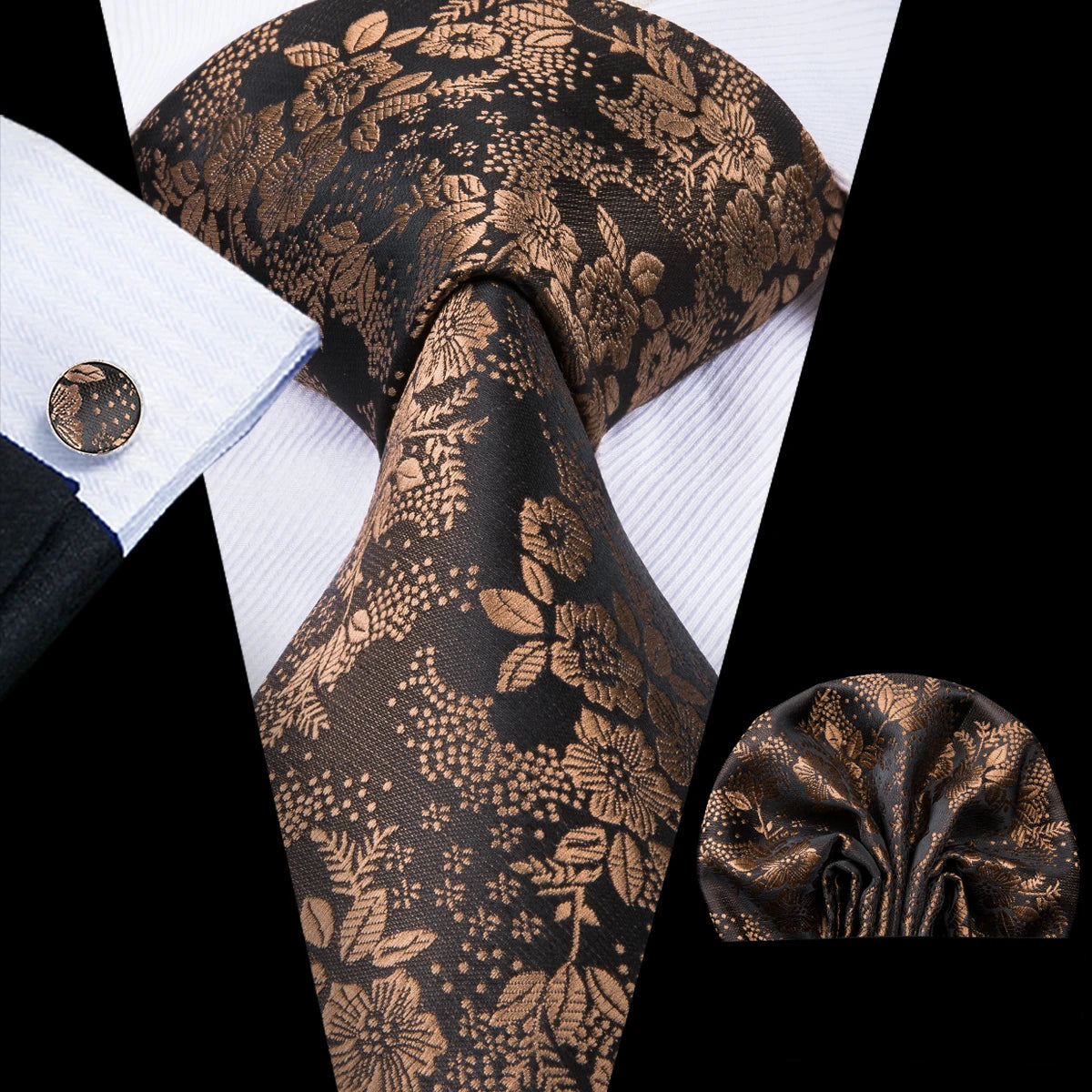 Cravate élégante pour homme, motif cachemire, rayures noires et dorées, en soie, pour mariage, mouchoir, boutons de manchette, pour entreprise, fête, livraison directe