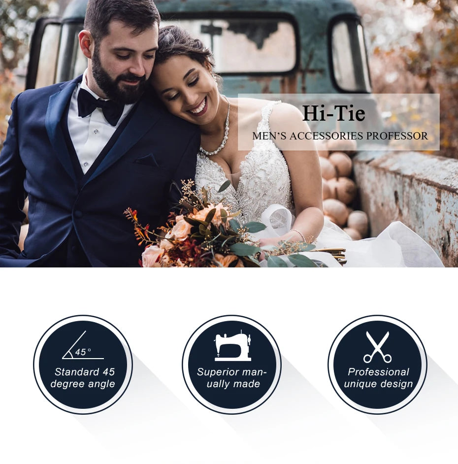 Hi-Tie Black White Silver Grey Brown Silk Mens Bow Tie Hankerchief Cufflinks Set Pre-tied Butterfly Knot Adjustable Bowtie Male