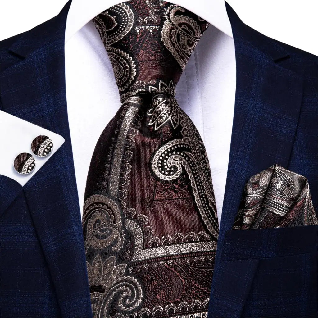 Cravate élégante pour homme, motif cachemire, rayures noires et dorées, en soie, pour mariage, mouchoir, boutons de manchette, pour entreprise, fête, livraison directe