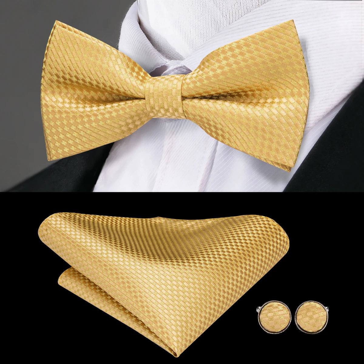 Hi-Tie Nœuds papillon verts de Noël pour hommes Cravate papillon en soie Ensemble de boutons de manchette et mouchoirs pour fête de mariage Nœud papillon uni à carreaux cachemire