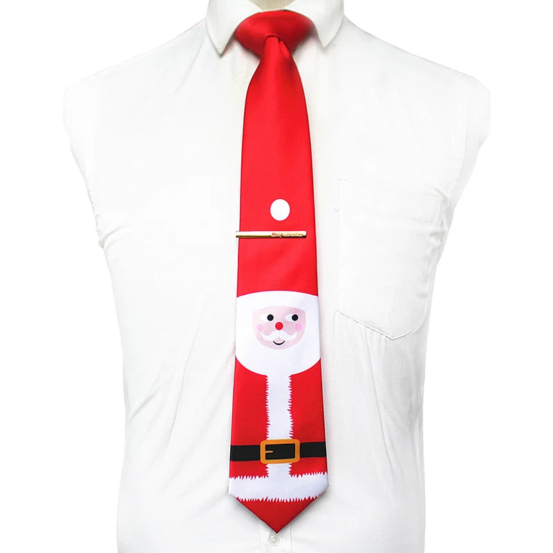 JEMYGINS Cravates de Noël pour hommes 9 cm en soie rouge de bonne qualité, ensemble de pinces à cravate imprimées pour fête, mariage, festival, cadeau