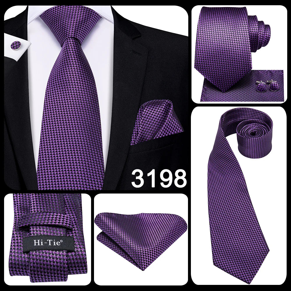 Hi-Tie – Cravate de mariage en soie violette unie à motif cachemire pour homme, ensemble de qualité avec boutons de manchette et mouchoir, cadeau tendance, livraison directe