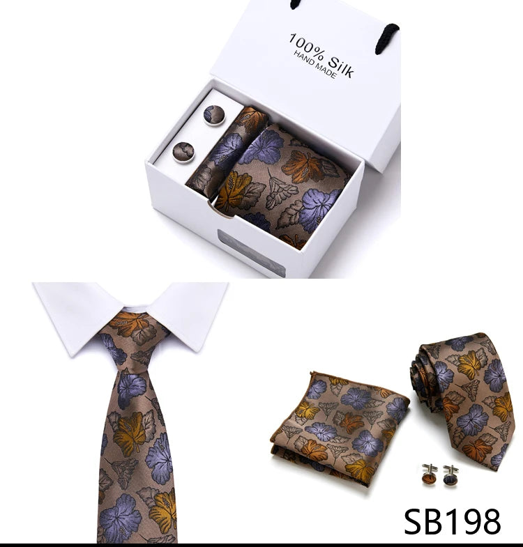 Cravates de marque 100 % soie, coffret cadeau, bureau, homme, classique, fête, mariage, rayées, 7,5 cm, soie, mariage, motif floral, cravate, mouchoir