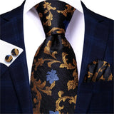 Cravate élégante pour homme, motif cachemire, rayures noires et dorées, en soie, pour mariage, mouchoir, boutons de manchette, pour entreprise, fête, livraison directe