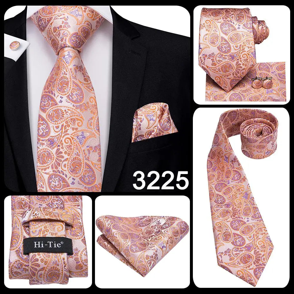 Hi-Tie 100% soie classique pour homme, cravate de mariage corail rose rouge pêche, pochette carrée, boutons de manchette, ensemble de cravates roses pour hommes, cravates cachemire unies