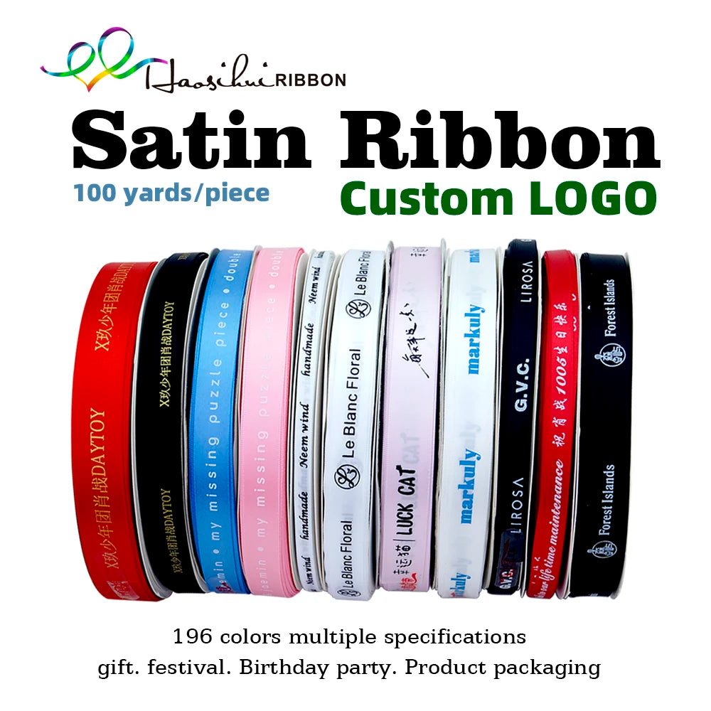 HAOSIHUI 6mm-100mm Ruban plat imprimé personnalisé Logo personnalisé Ruban en polyester Rubans de satin d'anniversaire de mariage 100 yards / lot