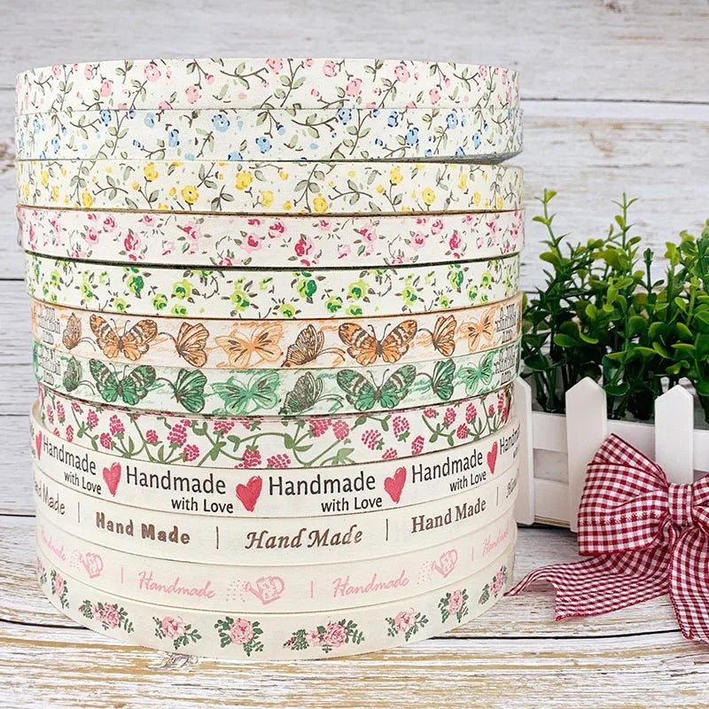 Ruban de coton imprimé floral fait main, 5 mètres, 15 mm, pour décoration de mariage, Noël, bricolage, couture