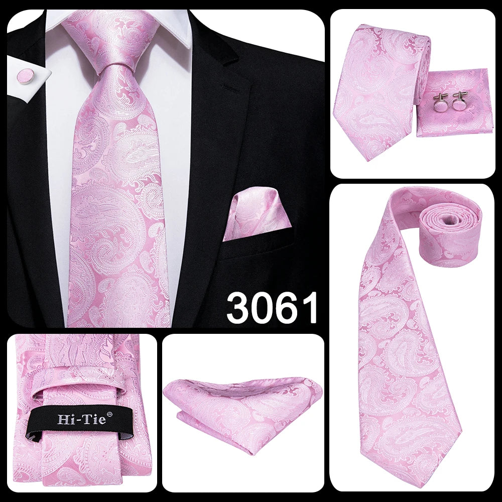 Hi-Tie 100% soie classique pour homme, cravate de mariage corail rose rouge pêche, pochette carrée, boutons de manchette, ensemble de cravates roses pour hommes, cravates cachemire unies