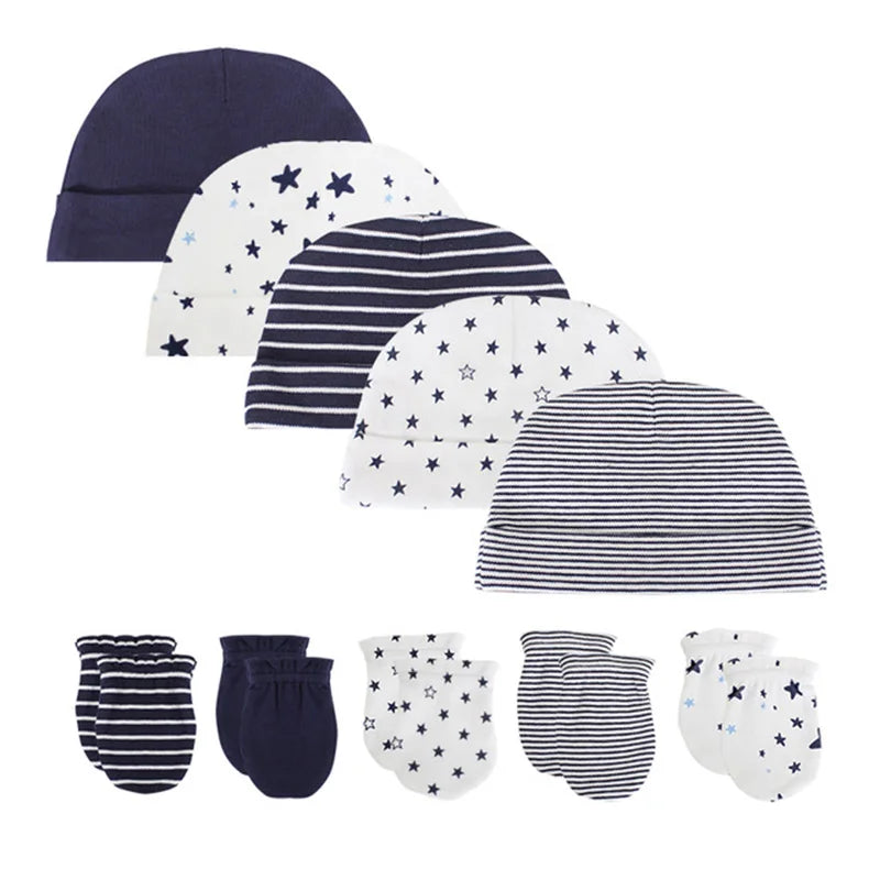Unisex Newborn Cotton Baby Boys Sleep Headwear Solid Color Fitted Hats+Gloves Set Baby Girls Nightcap Cartoon Baby Accessories