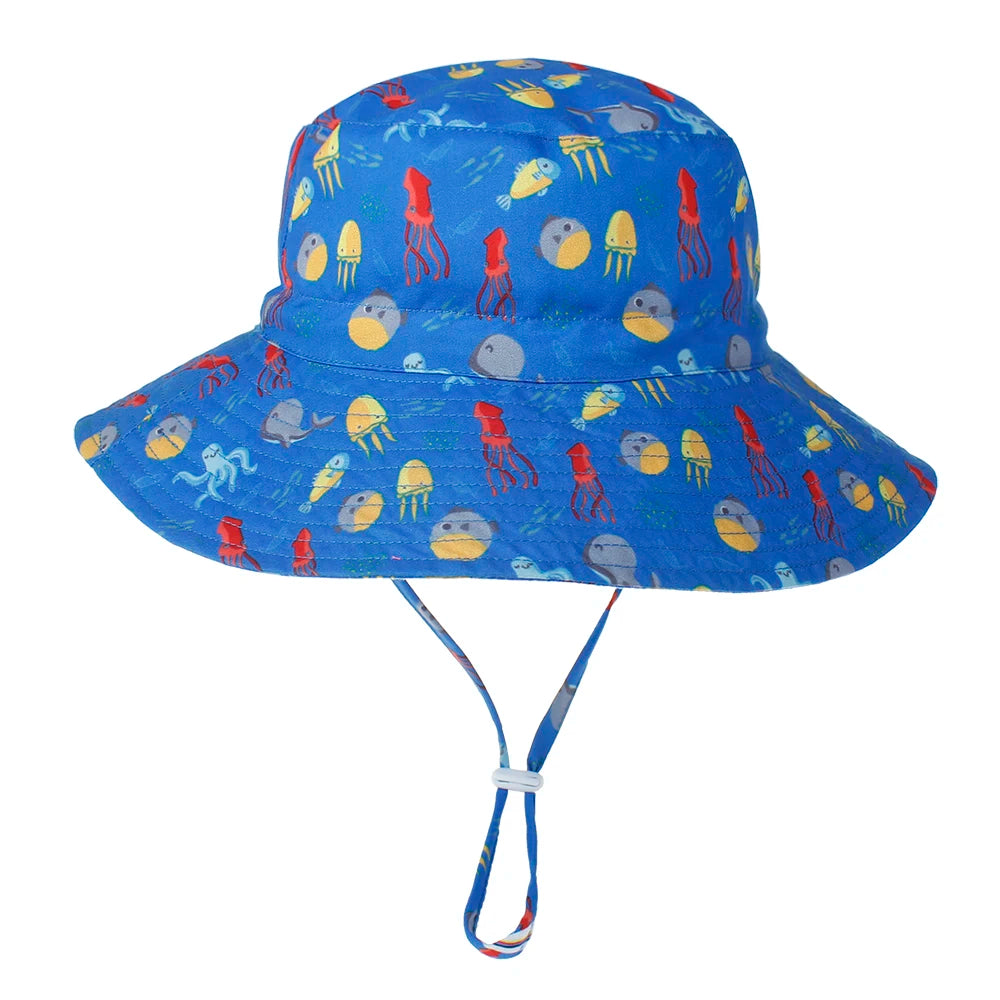 Girls Boys Outdoor Anti UV Beach Cap Summer Baby Sun Hat Swimming Hat Kids Bucket Cap with Adjustable Chin Strap 0-8 Years