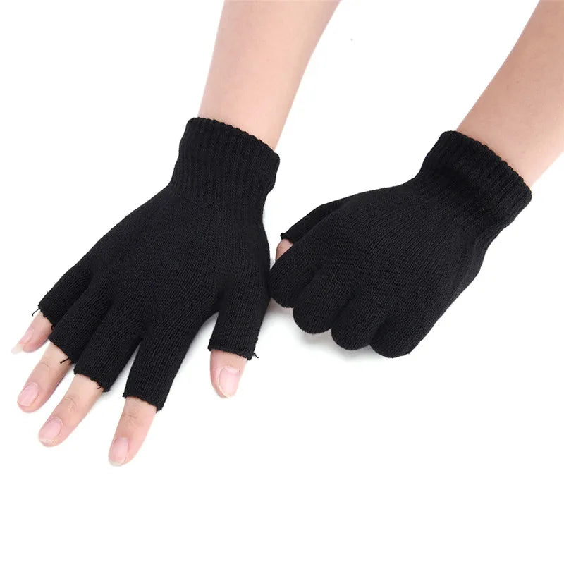 1 par de guantes negros de medio dedo sin dedos para mujer y hombre, de lana tejida, de algodón y con puños, cálidos para entrenar en invierno.