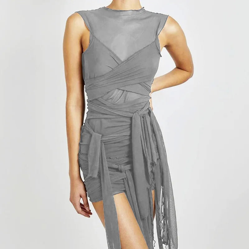 Robe de soirée moulante transparente en maille avec rubans pour femme, mini robe sexy sans manches, couleur unie, tenue basique